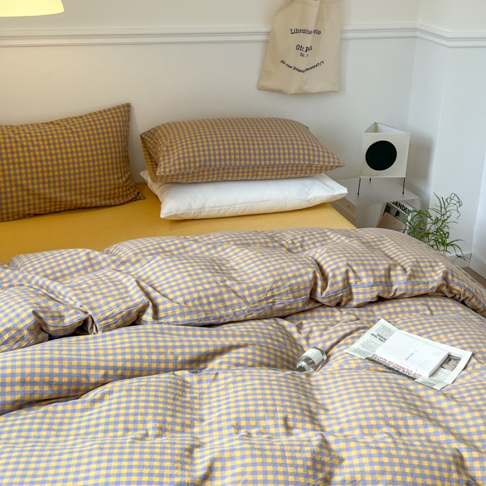 91家纺网 家纺一手货源 找家纺 2022年新款日式简约良品纯棉全棉色织水洗棉四件套紫黄小格