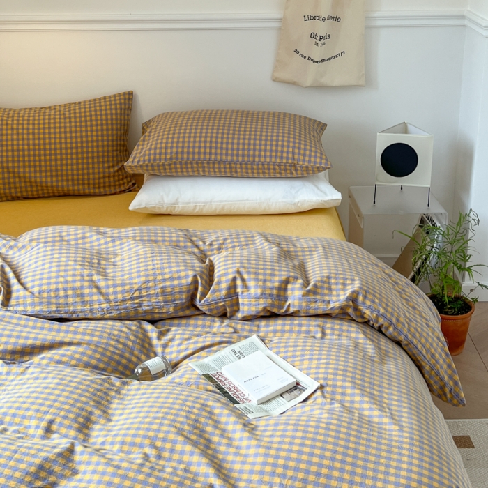 91家纺网 家纺一手货源 找家纺 2022年新款日式简约良品纯棉全棉色织水洗棉四件套紫黄小格