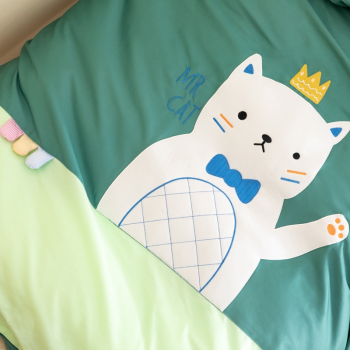 91家纺网 家纺一手货源 找家纺 喜多兔2022新60s长绒棉纯棉幼儿园三件套-绿色微笑小小喵