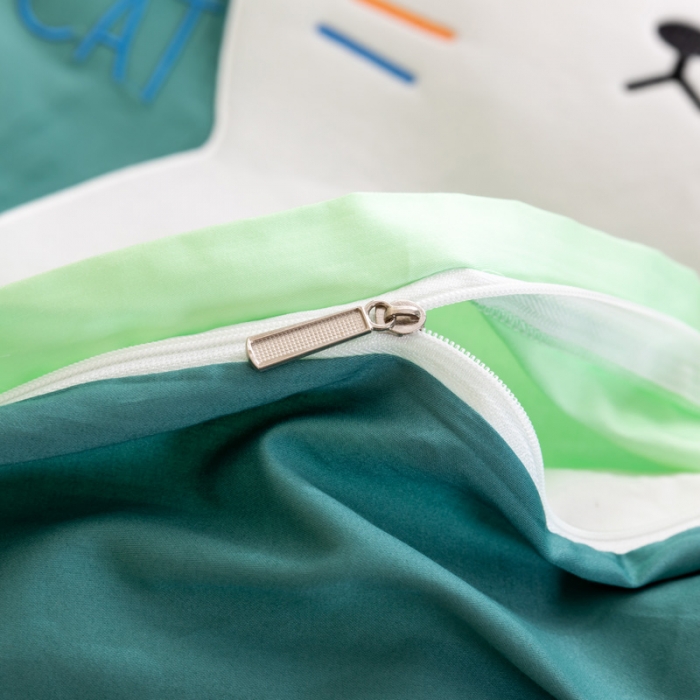 91家纺网 家纺一手货源 找家纺 喜多兔2022新60s长绒棉纯棉幼儿园三件套-绿色微笑小小喵