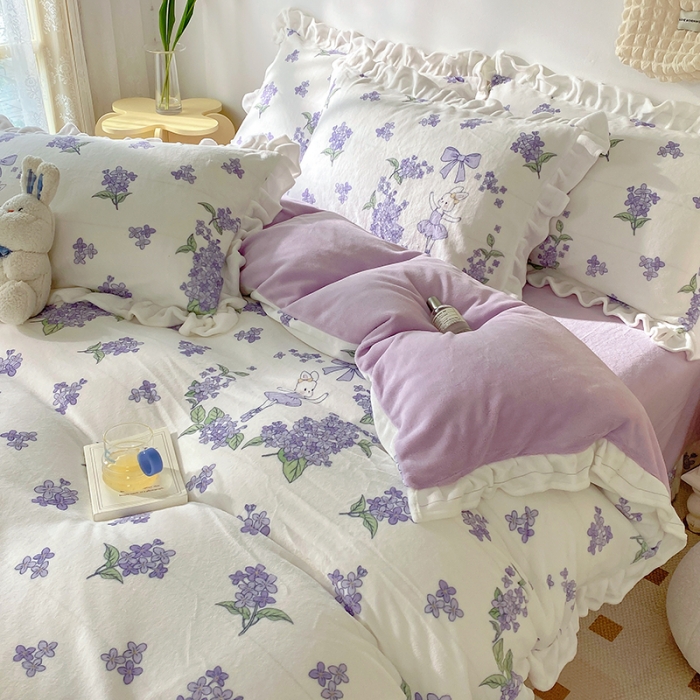 91家纺网 家纺一手货源 找家纺 呗旺鹿2022新ykk拉链荷叶边印花牛奶绒四件套法莱绒 安妮