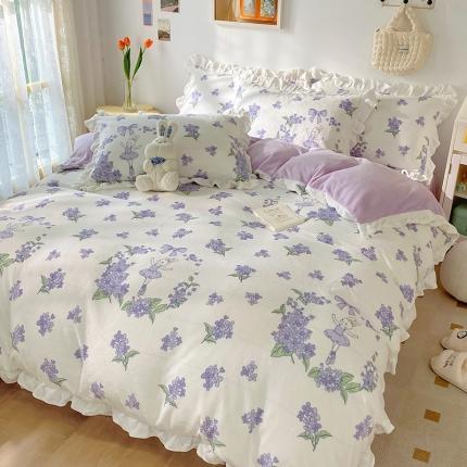 呗旺鹿2022新ykk拉链荷叶边印花牛奶绒四件套法莱绒 安妮