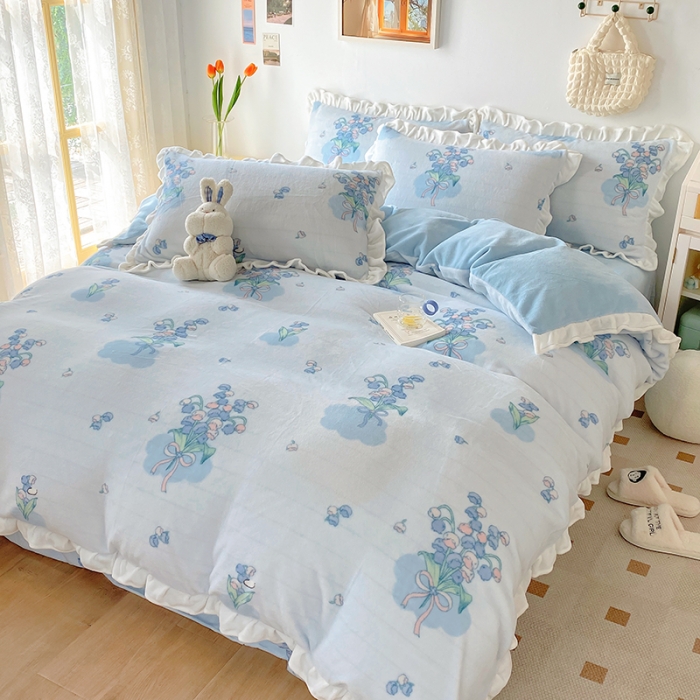 91家纺网 家纺一手货源 找家纺 呗旺鹿2022ykk拉链荷叶边印花牛奶绒四件套法莱绒春日铃兰