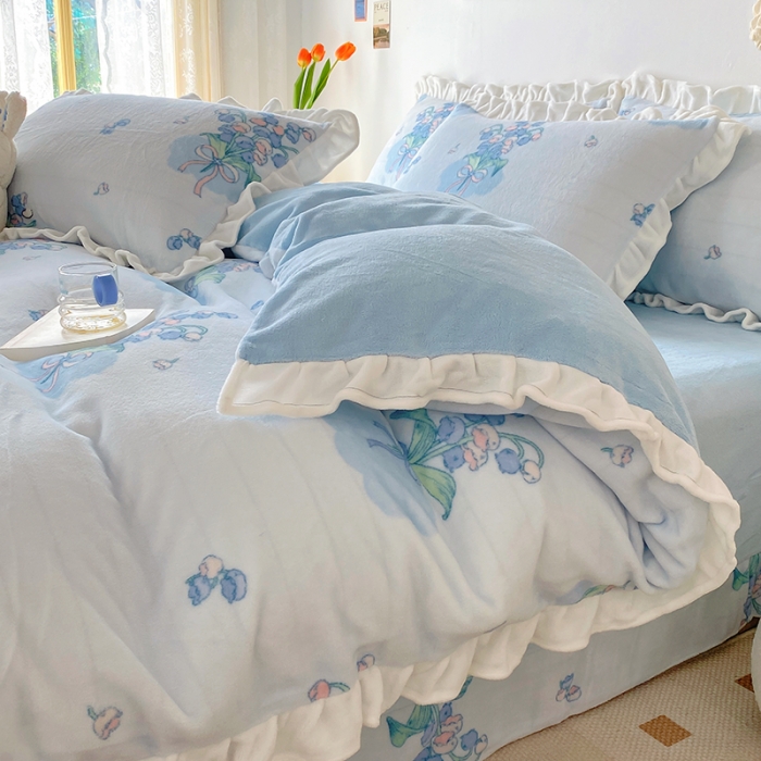 91家纺网 家纺一手货源 找家纺 呗旺鹿2022ykk拉链荷叶边印花牛奶绒四件套法莱绒春日铃兰