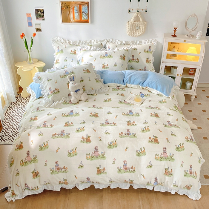 91家纺网 家纺一手货源 找家纺 呗旺鹿2022ykk拉链荷叶边印花牛奶绒四件套法莱绒 后花园