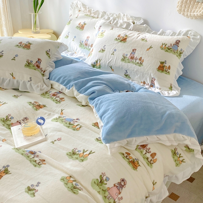 91家纺网 家纺一手货源 找家纺 呗旺鹿2022ykk拉链荷叶边印花牛奶绒四件套法莱绒 后花园