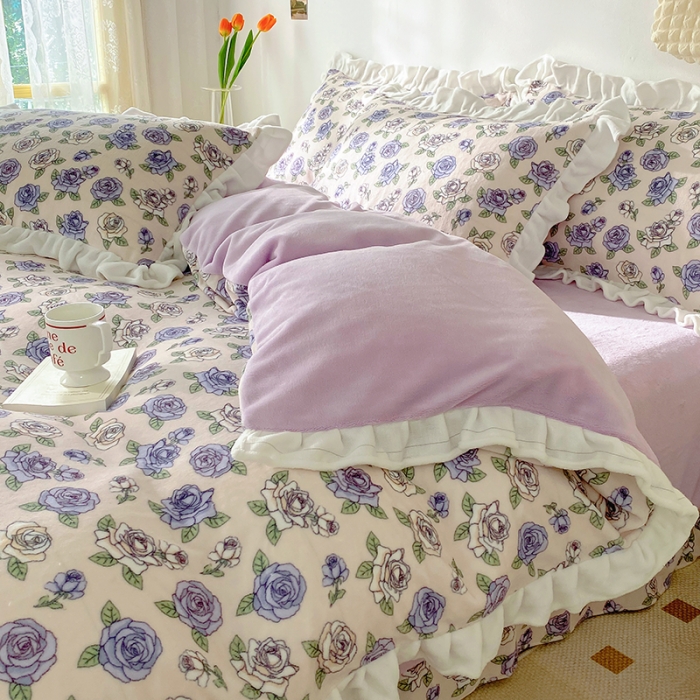 91家纺网 家纺一手货源 找家纺 呗旺鹿2022ykk拉链荷叶边印花牛奶绒四件套法莱绒花田玫瑰