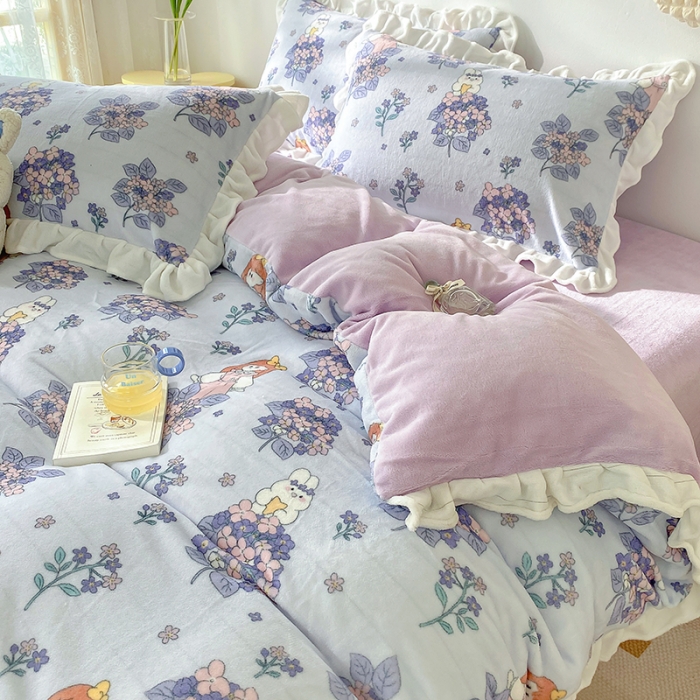 91家纺网 家纺一手货源 找家纺 呗旺鹿2022ykk拉链荷叶边印花牛奶绒四件套法莱绒梦想绽放