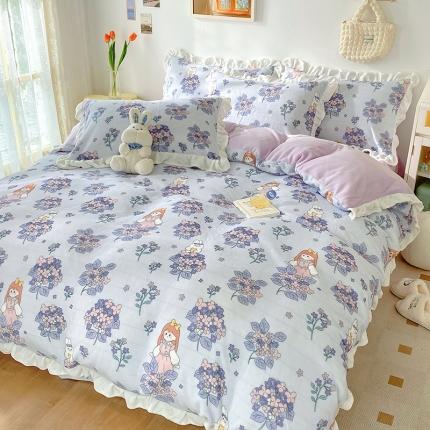 呗旺鹿2022ykk拉链荷叶边印花牛奶绒四件套法莱绒梦想绽放