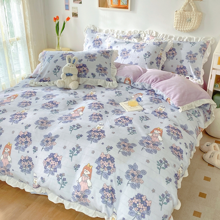 91家纺网 家纺一手货源 找家纺 呗旺鹿2022ykk拉链荷叶边印花牛奶绒四件套法莱绒梦想绽放