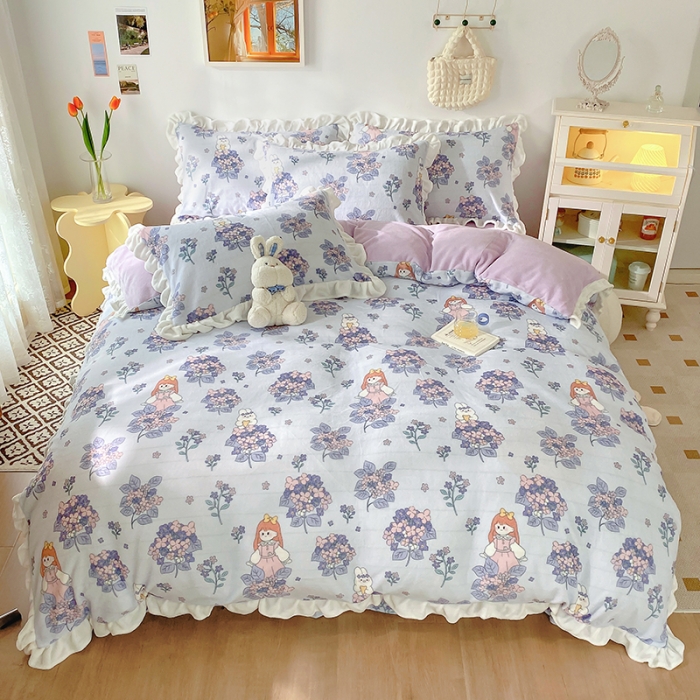 91家纺网 家纺一手货源 找家纺 呗旺鹿2022ykk拉链荷叶边印花牛奶绒四件套法莱绒梦想绽放