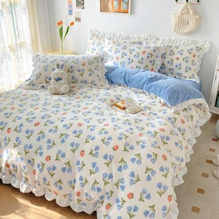 呗旺鹿2022新ykk拉链荷叶边印花牛奶绒四件套法莱绒 偏爱