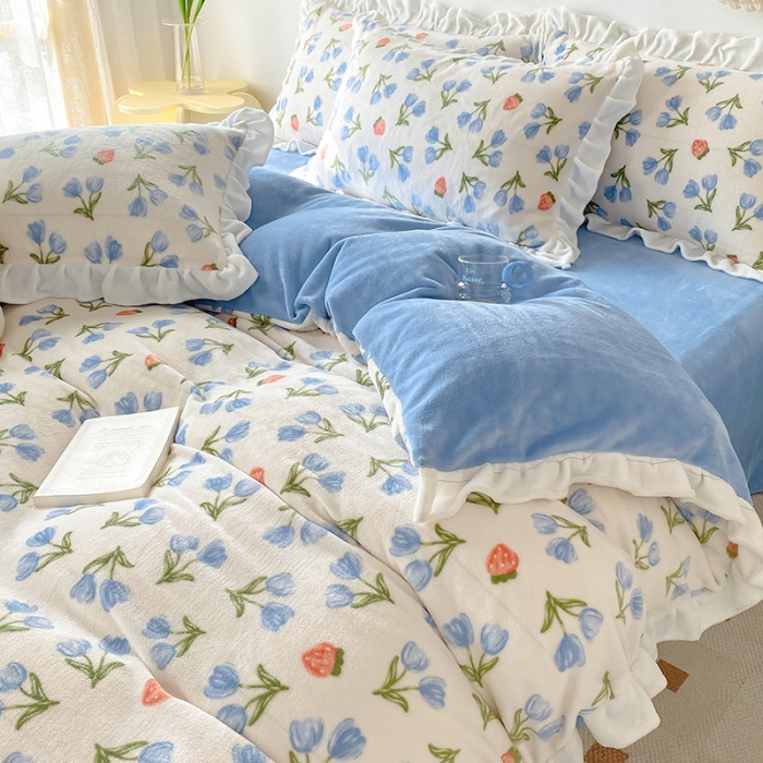 91家纺网 家纺一手货源 找家纺 呗旺鹿2022新ykk拉链荷叶边印花牛奶绒四件套法莱绒 偏爱