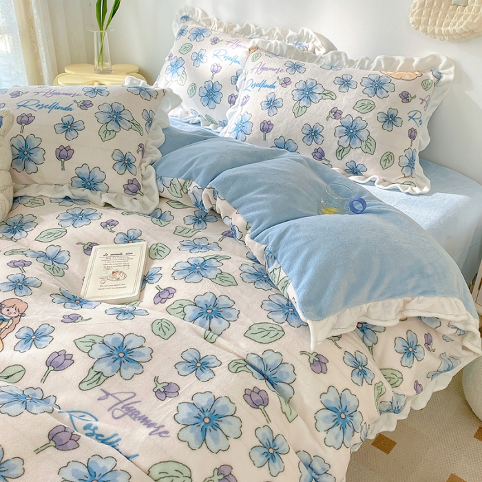 91家纺网 家纺一手货源 找家纺 呗旺鹿2022新ykk拉链荷叶边印花牛奶绒四件套法莱绒 糖宝