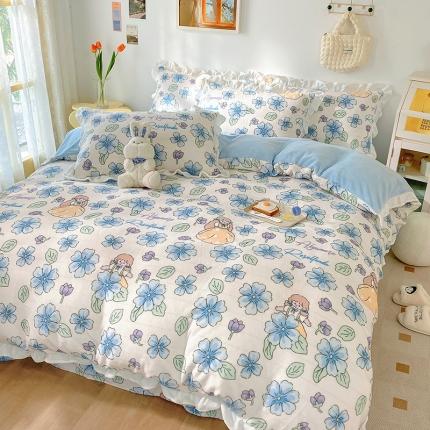 呗旺鹿2022新ykk拉链荷叶边印花牛奶绒四件套法莱绒 糖宝