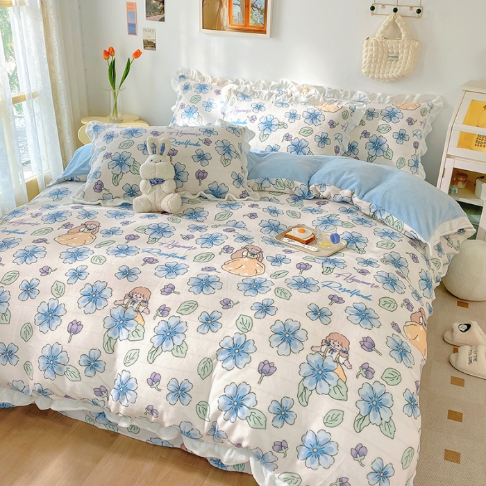 91家纺网 家纺一手货源 找家纺 呗旺鹿2022新ykk拉链荷叶边印花牛奶绒四件套法莱绒 糖宝