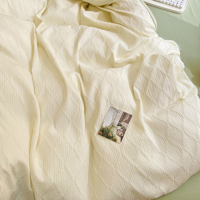 91家纺网 家纺一手货源 找家纺 琪格格纺织 2023新款纯棉泡泡纱水洗棉四件套 泡泡纱米白VS奶绿