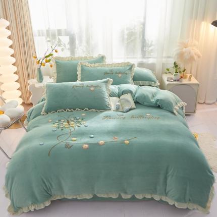 91家纺网 家纺一手货源 找家纺 恋佳居 2023新款加厚牛奶绒荷叶边毛巾绣四件套 蝴蝶绿