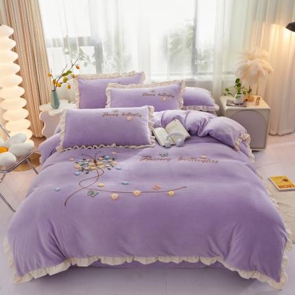 91家纺网 家纺一手货源 找家纺 恋佳居 2023新款加厚牛奶绒荷叶边毛巾绣四件套 蝴蝶紫色