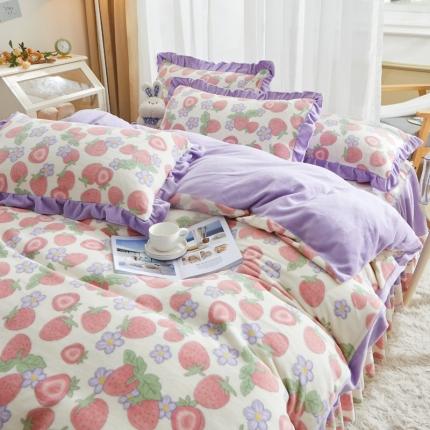 91家纺网 家纺一手货源 找家纺 恋佳居 2023新款加厚8.4斤牛奶绒印花床裙四件套 草莓