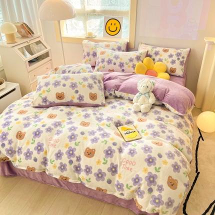 91家纺网 家纺一手货源 找家纺 金爱家 2023新款牛奶绒小清新四件套 樱花小熊-紫
