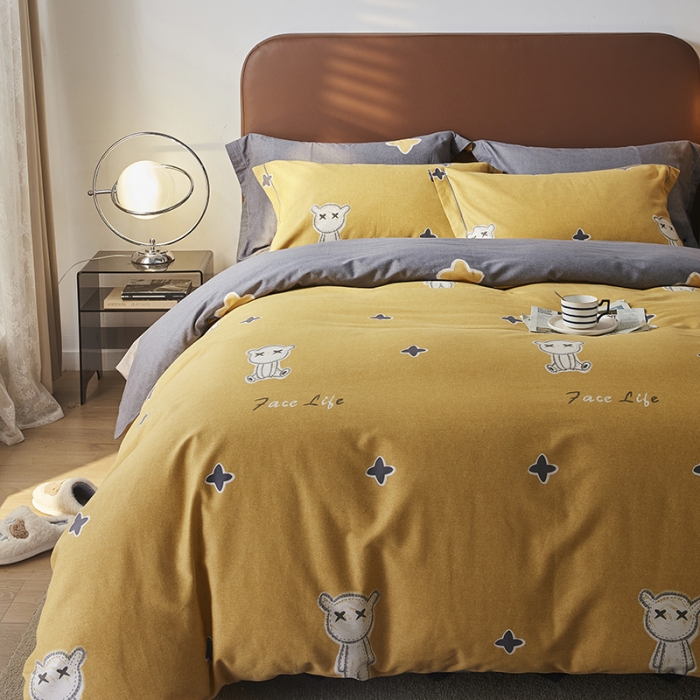 91家纺网 家纺一手货源 找家纺 希文 2022秋冬新品全棉生态磨毛四件套 淘气熊-黄