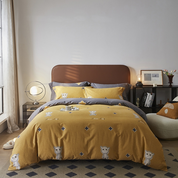 91家纺网 家纺一手货源 找家纺 希文 2022秋冬新品全棉生态磨毛四件套 淘气熊-黄