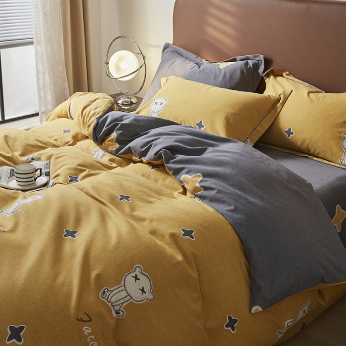 91家纺网 家纺一手货源 找家纺 希文 2022秋冬新品全棉生态磨毛四件套 淘气熊-黄