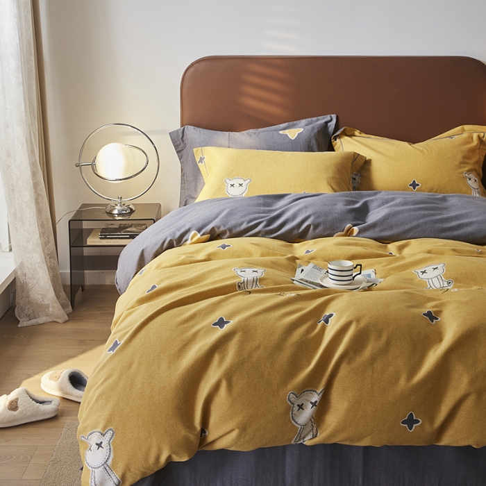 91家纺网 家纺一手货源 找家纺 希文 2022秋冬新品全棉生态磨毛四件套 淘气熊-黄