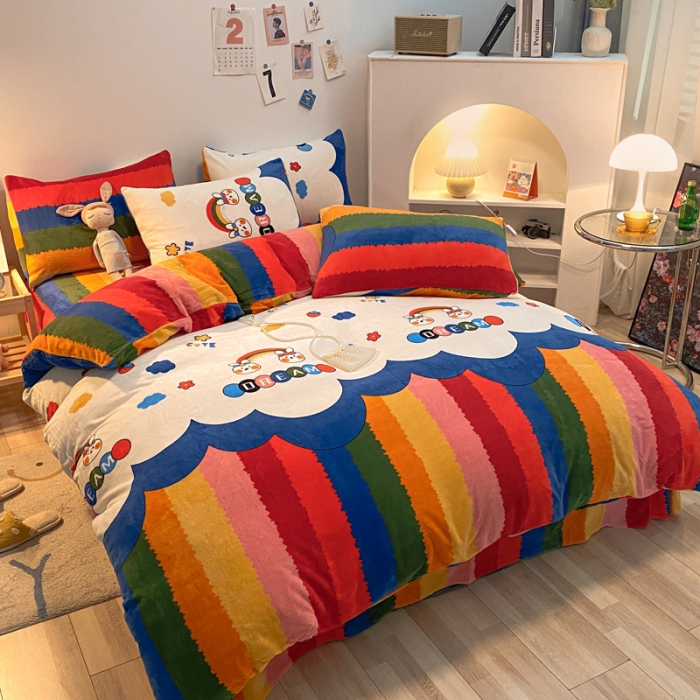 91家纺网 家纺一手货源 找家纺 金爱家 2023新款牛奶绒小清新四件套 彩虹兔