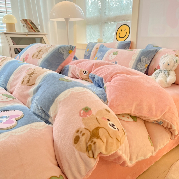 91家纺网 家纺一手货源 找家纺 金爱家 2023新款牛奶绒小清新四件套 多多