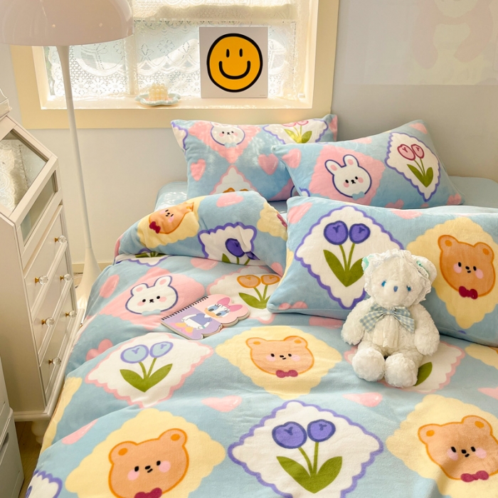 91家纺网 家纺一手货源 找家纺 金爱家 2023新款牛奶绒小清新四件套 朵朵