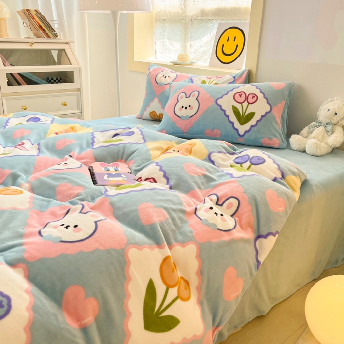 91家纺网 家纺一手货源 找家纺 金爱家 2023新款牛奶绒小清新四件套 朵朵