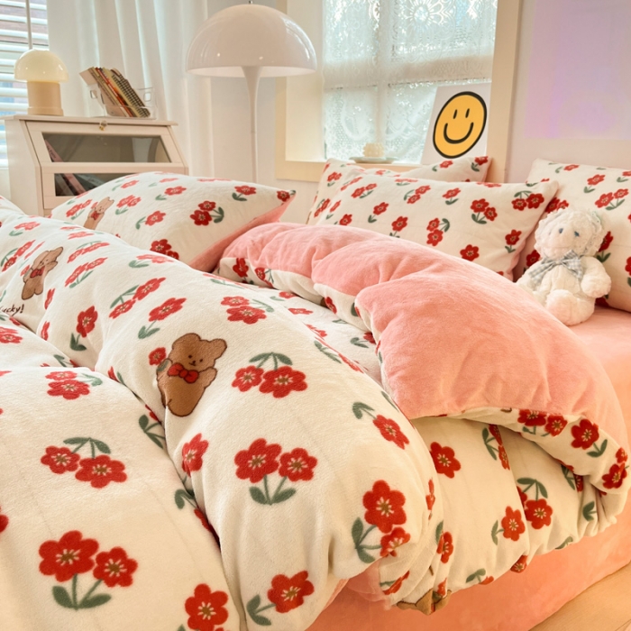 91家纺网 家纺一手货源 找家纺 金爱家 2023新款牛奶绒小清新四件套 花开四季