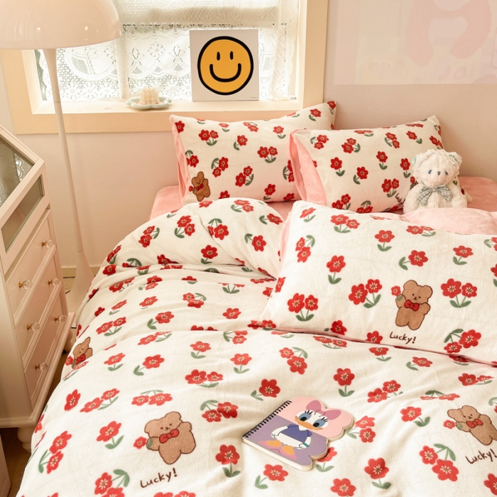 91家纺网 家纺一手货源 找家纺 金爱家 2023新款牛奶绒小清新四件套 花开四季