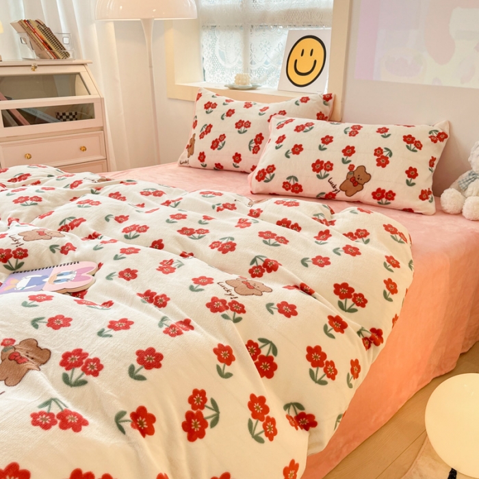 91家纺网 家纺一手货源 找家纺 金爱家 2023新款牛奶绒小清新四件套 花开四季