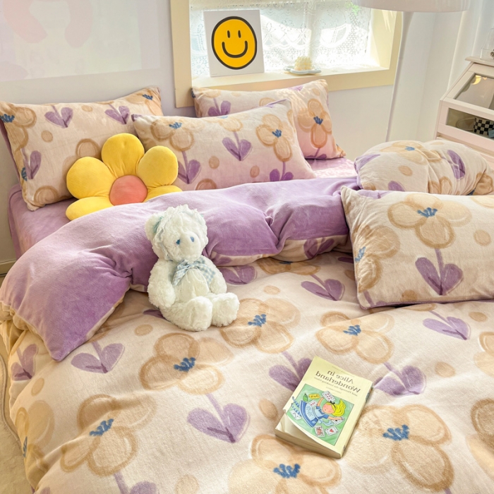 91家纺网 家纺一手货源 找家纺 金爱家 2023新款牛奶绒小清新四件套 花仙子