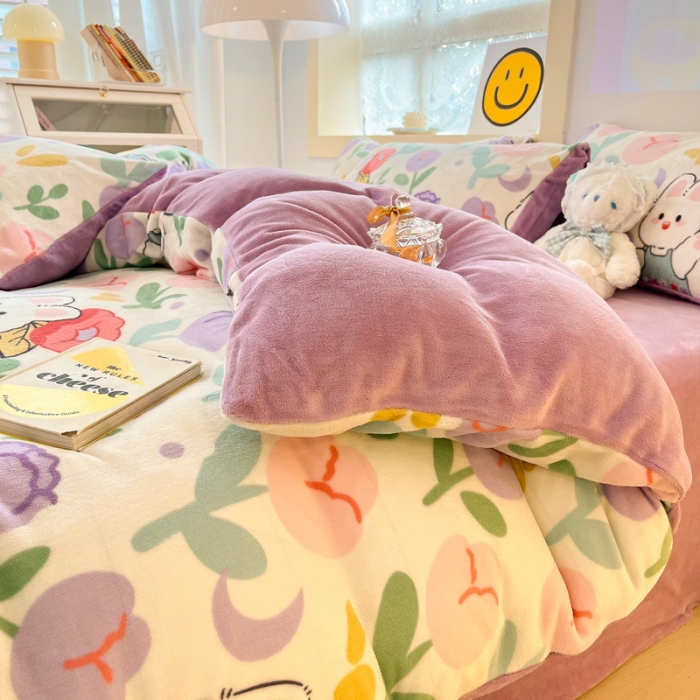 91家纺网 家纺一手货源 找家纺 金爱家 2023新款牛奶绒小清新四件套 快乐兔子