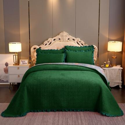 晶缦 2022新款纯色小花边牛奶绒床盖三件套 暖馨-墨绿