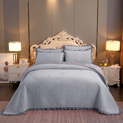 晶缦 2022新款纯色小花边牛奶绒床盖三件套 暖馨-浅灰
