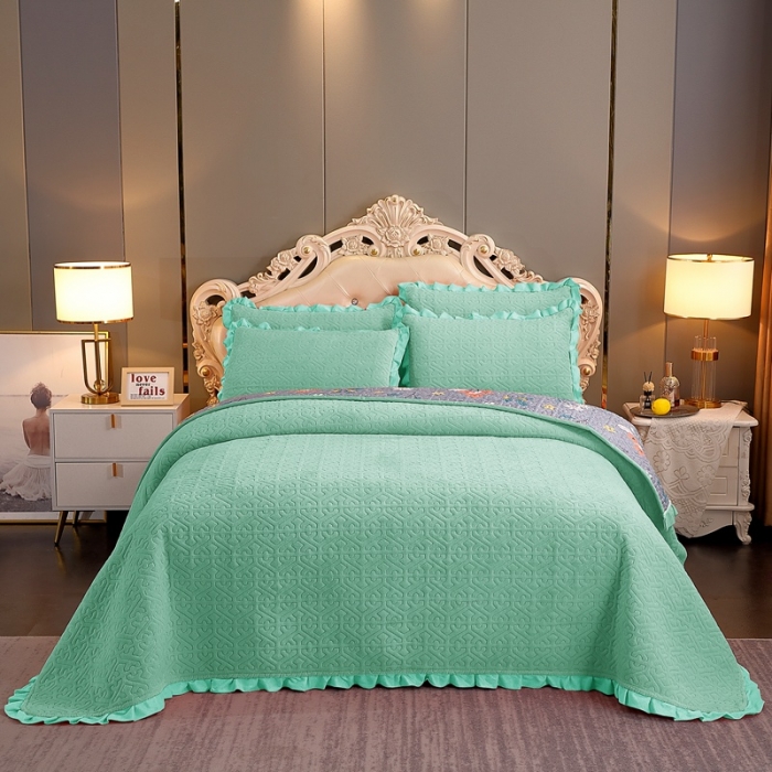 91家纺网 家纺一手货源 找家纺 晶缦 2022新款纯色小花边牛奶绒床盖三件套 暖馨-浅绿