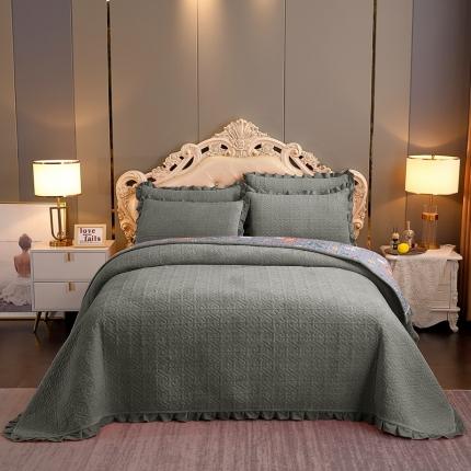 晶缦 2022新款纯色小花边牛奶绒床盖三件套 暖馨-深灰