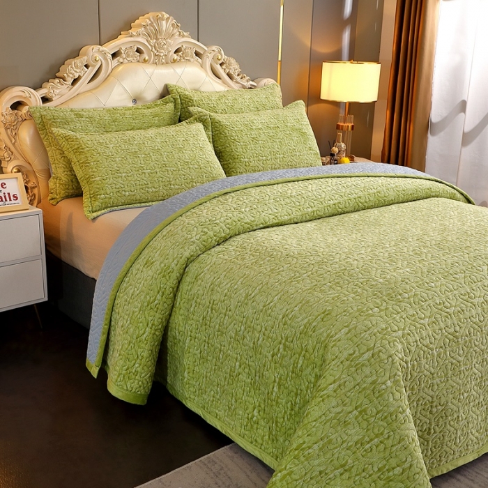 91家纺网 家纺一手货源 找家纺 （总）2024水波纹色织牛奶绒床盖三件套/绗缝夹棉榻榻米垫子