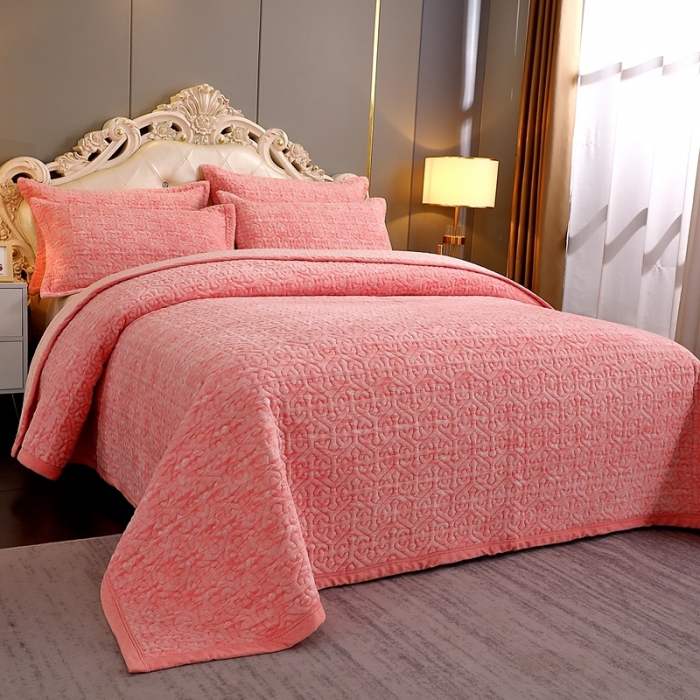 91家纺网 家纺一手货源 找家纺 晶缦 2022新款水波纹色织牛奶绒床盖三件套 涟漪-粉玉