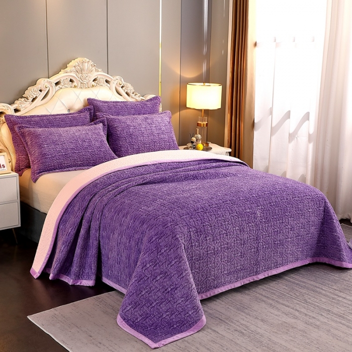 91家纺网 家纺一手货源 找家纺 晶缦 2022新款水波纹色织牛奶绒床盖三件套 涟漪-罗兰紫