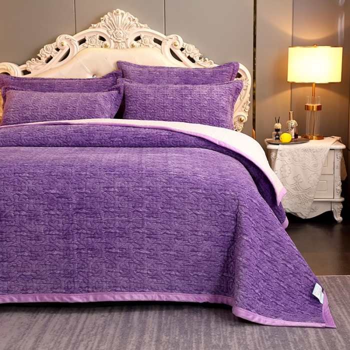 91家纺网 家纺一手货源 找家纺 晶缦 2022新款水波纹色织牛奶绒床盖三件套 涟漪-罗兰紫