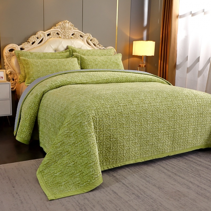 91家纺网 家纺一手货源 找家纺 晶缦 2022新款水波纹色织牛奶绒床盖三件套 涟漪-浅绿