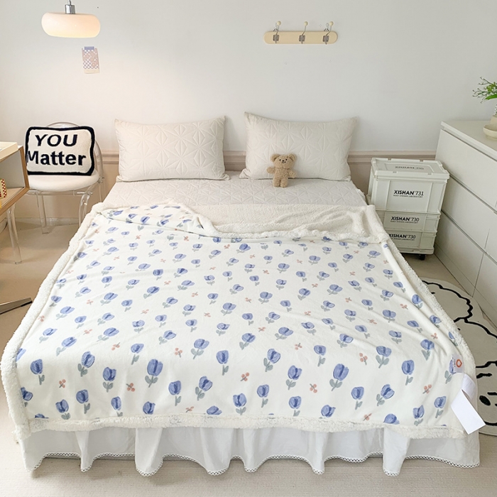 91家纺网 家纺一手货源 找家纺 澳萝拉 2022新款牛奶绒羊羔绒毛毯 郁金香-蓝