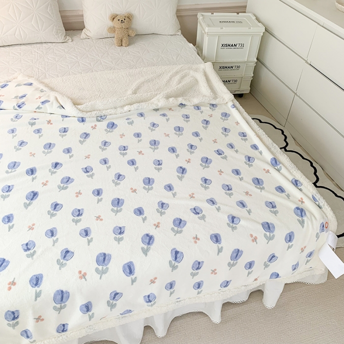 91家纺网 家纺一手货源 找家纺 澳萝拉 2022新款牛奶绒羊羔绒毛毯 郁金香-蓝