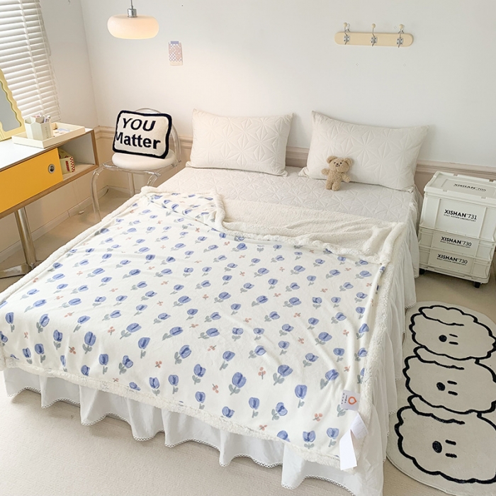 91家纺网 家纺一手货源 找家纺 澳萝拉 2022新款牛奶绒羊羔绒毛毯 郁金香-蓝